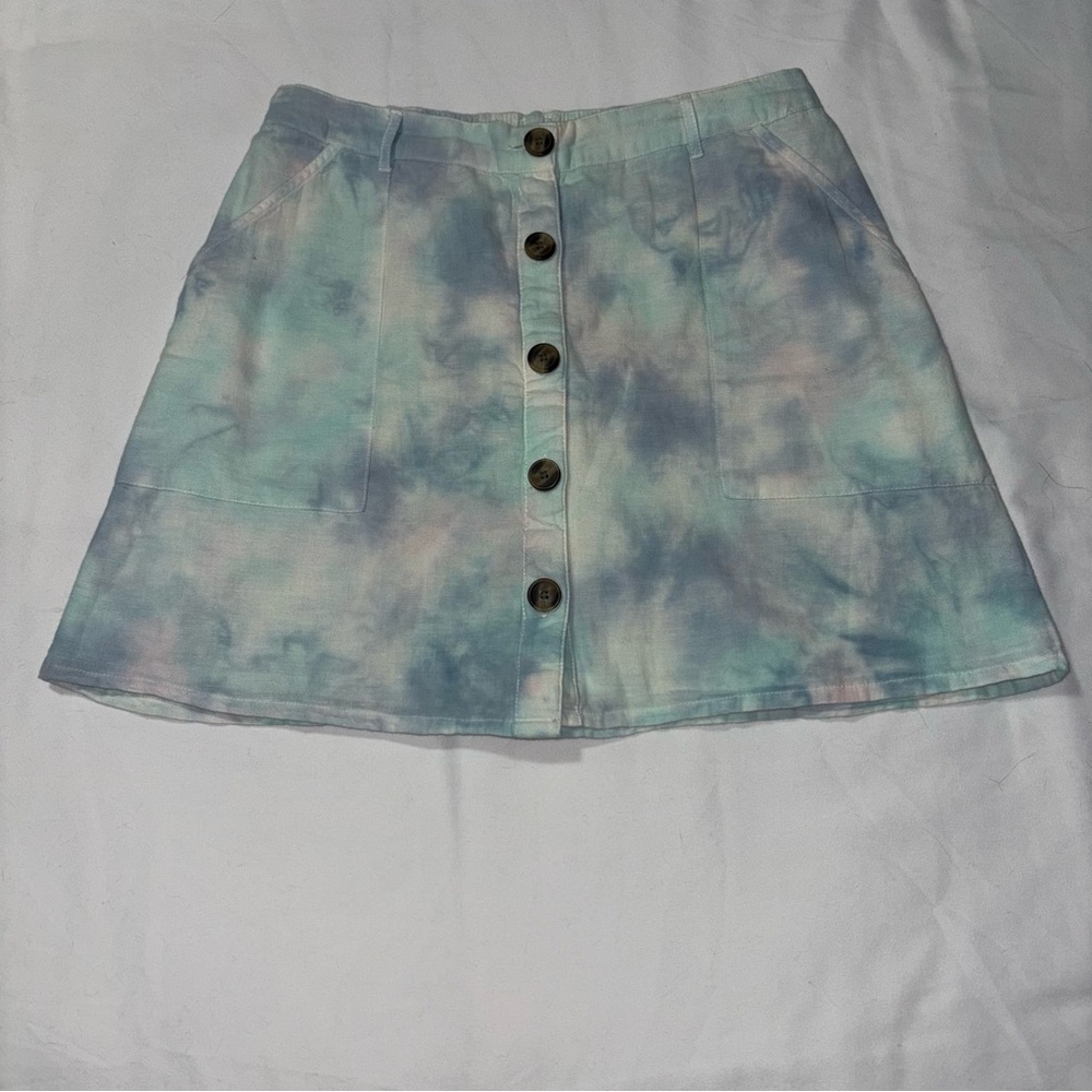 NWT American Eagle Linen Blend Pastel Tie Dyed Button Front Mini-Skirt Medium